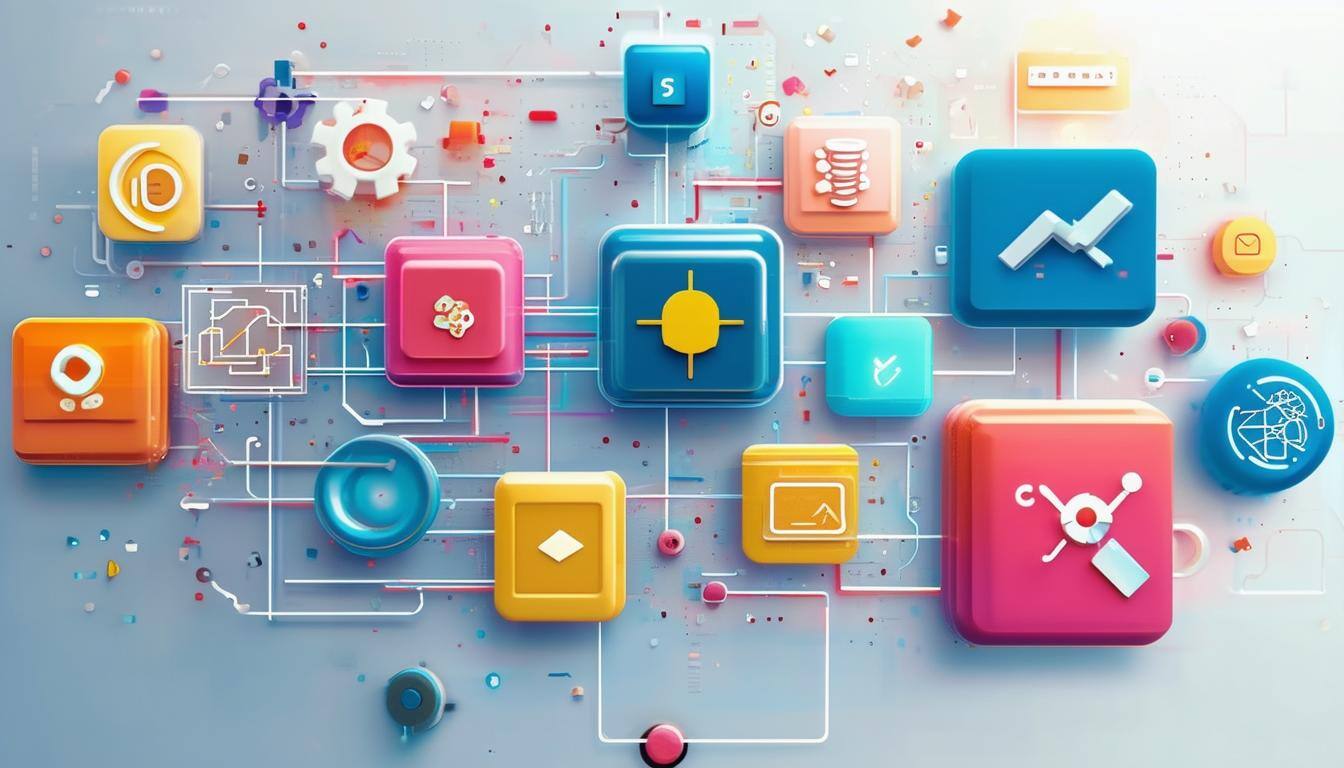 Illustration of interconnected workflow processes in a business setting, featuring icons for leave requests, expense management, employee onboarding, and approvals, connected by smooth lines to represent automation and efficiency.